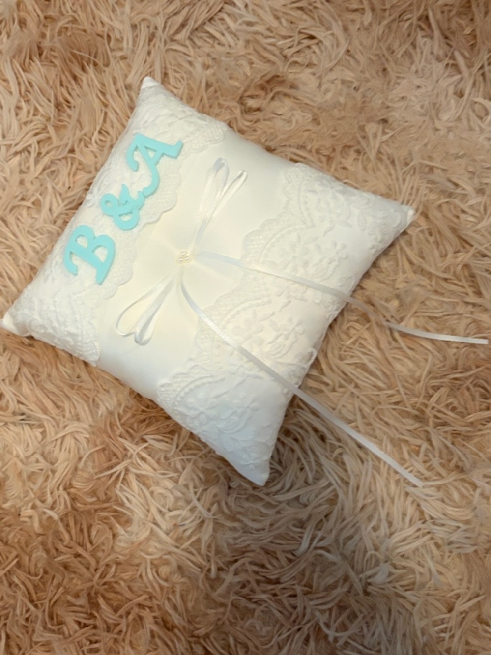 Ivory Lace Wedding Ring Pillow with Blue Initials